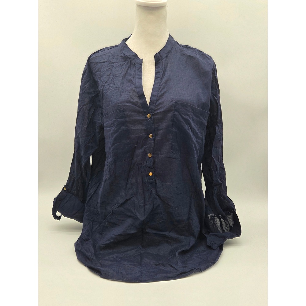 Cotton Daisy Plus 1X Navy Button Front Roll Tab Sleeve Blouse NWT 101-502